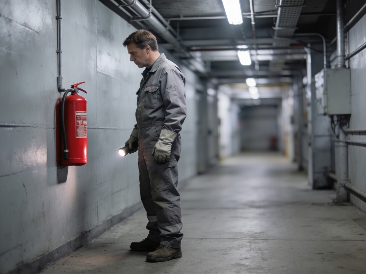 Addetto antincendio durante il controllo periodico di un estintore nel corridoio di uno stabilimento