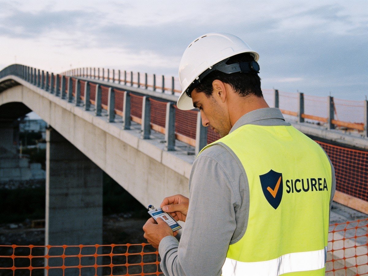 Tecnico con elmetto che verifica la documentazione dell'impresa davanti a un ponteggio a norma