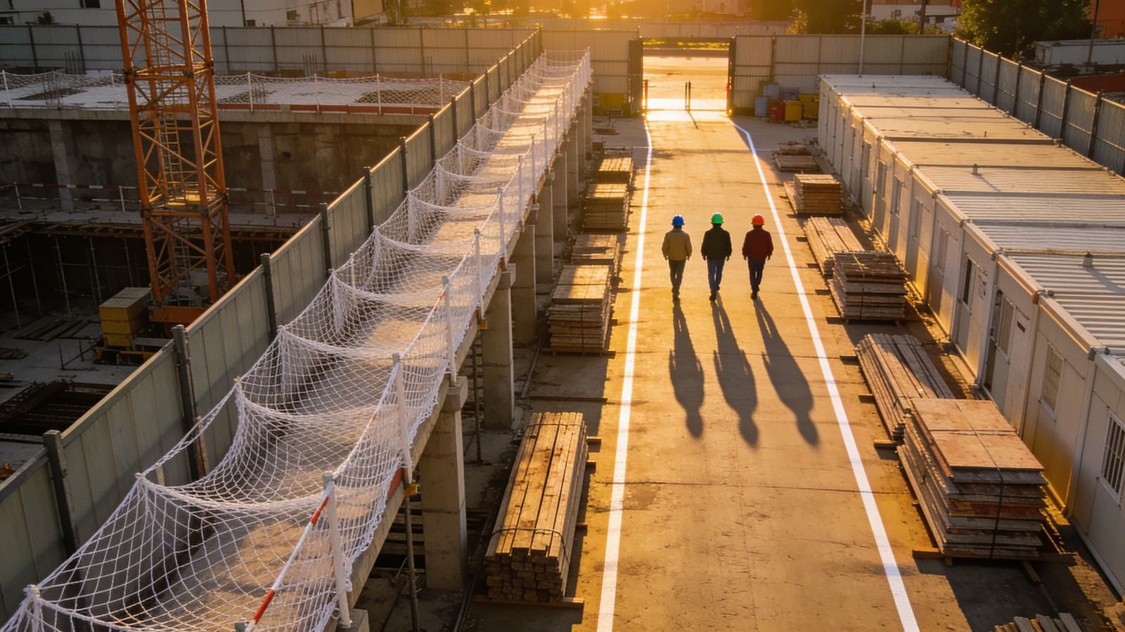 Cantiere in regola dopo la verifica: parapetti montati, quadro chiuso, operatori agganciati