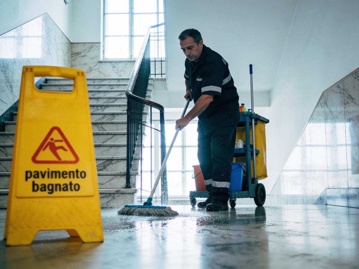 Impresa di pulizie al lavoro nelle parti comuni di un condominio