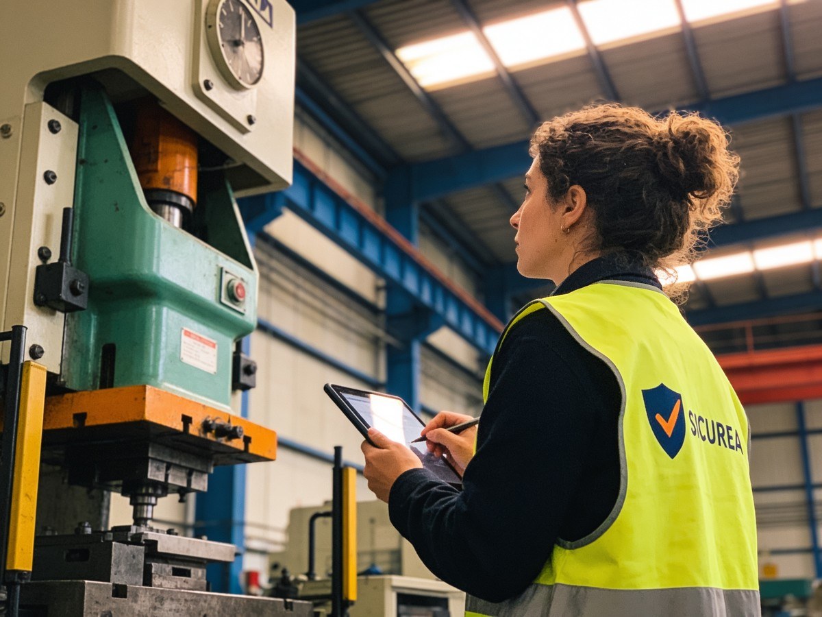 Consulente SICUREA durante un sopralluogo di sicurezza in azienda, con appunti e dispositivi di protezione