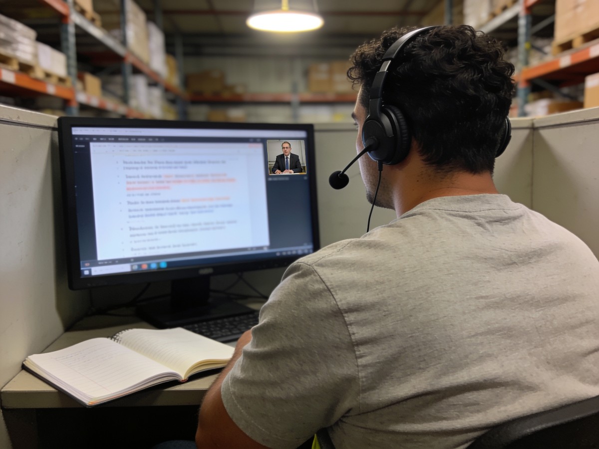 Lavoratore che segue un corso di sicurezza in e-learning dalla postazione aziendale
