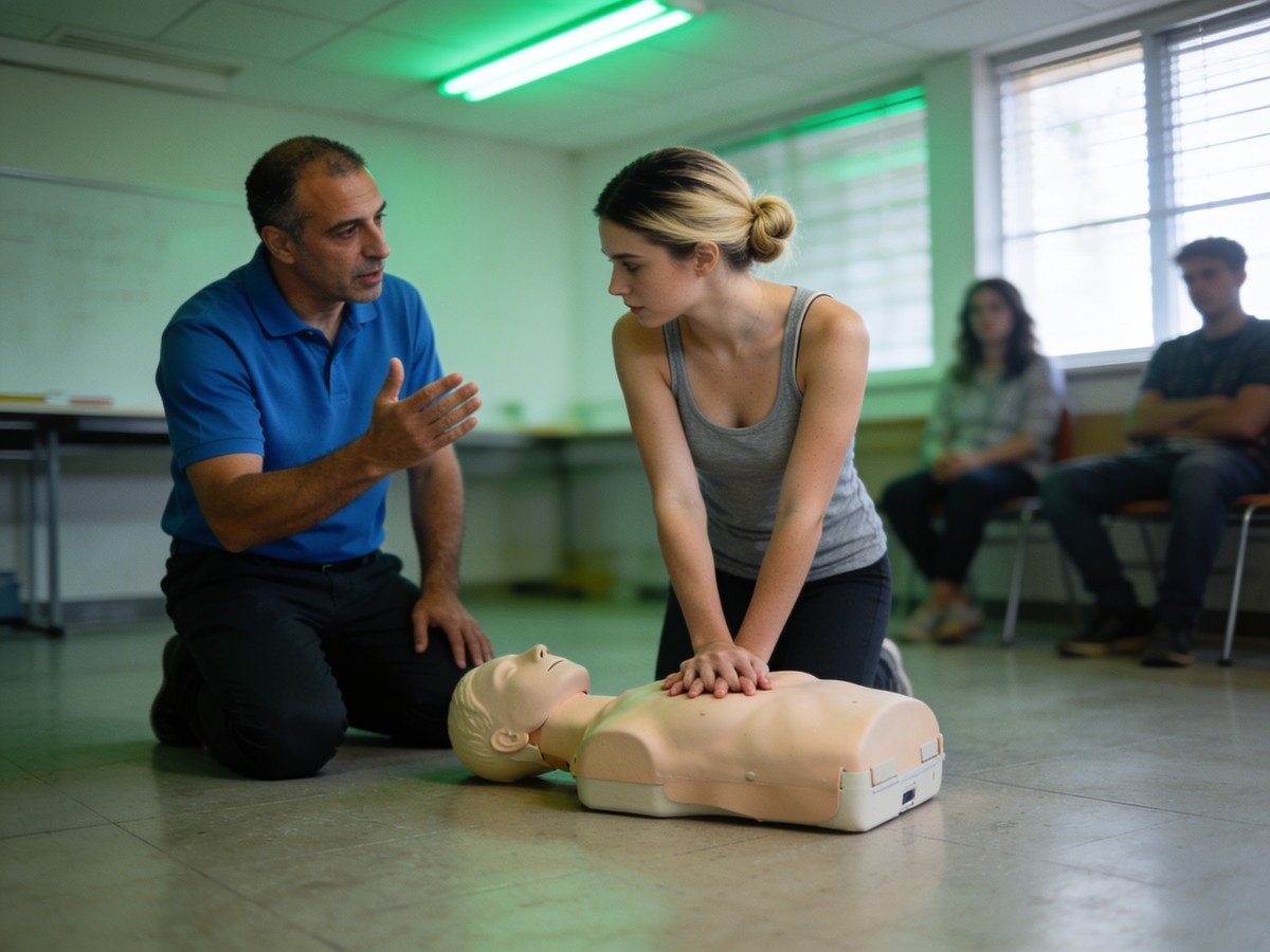 Esercitazione di rianimazione cardiopolmonare su manichino durante il corso di primo soccorso aziendale