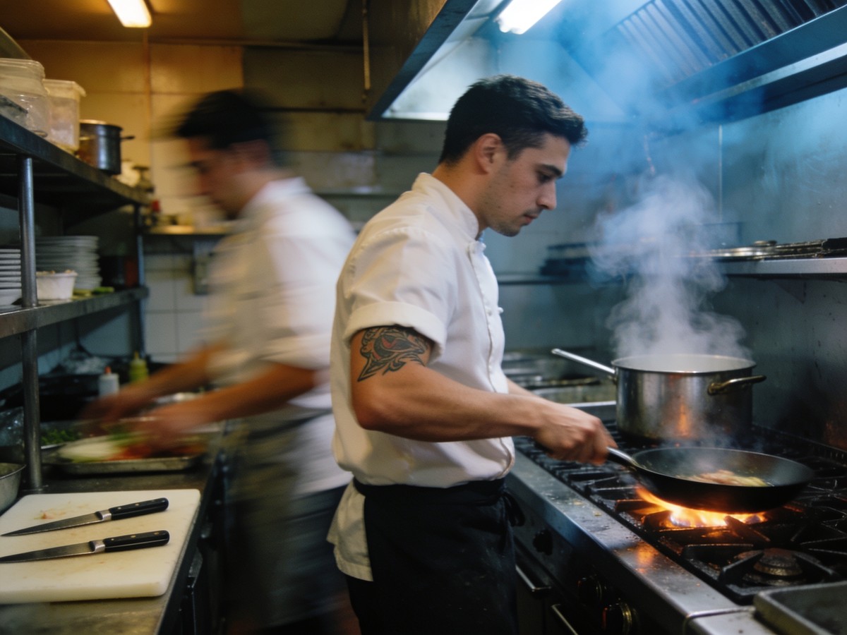Cucina professionale in servizio: i rischi di tagli, ustioni e scivolamenti nelle ore di punta