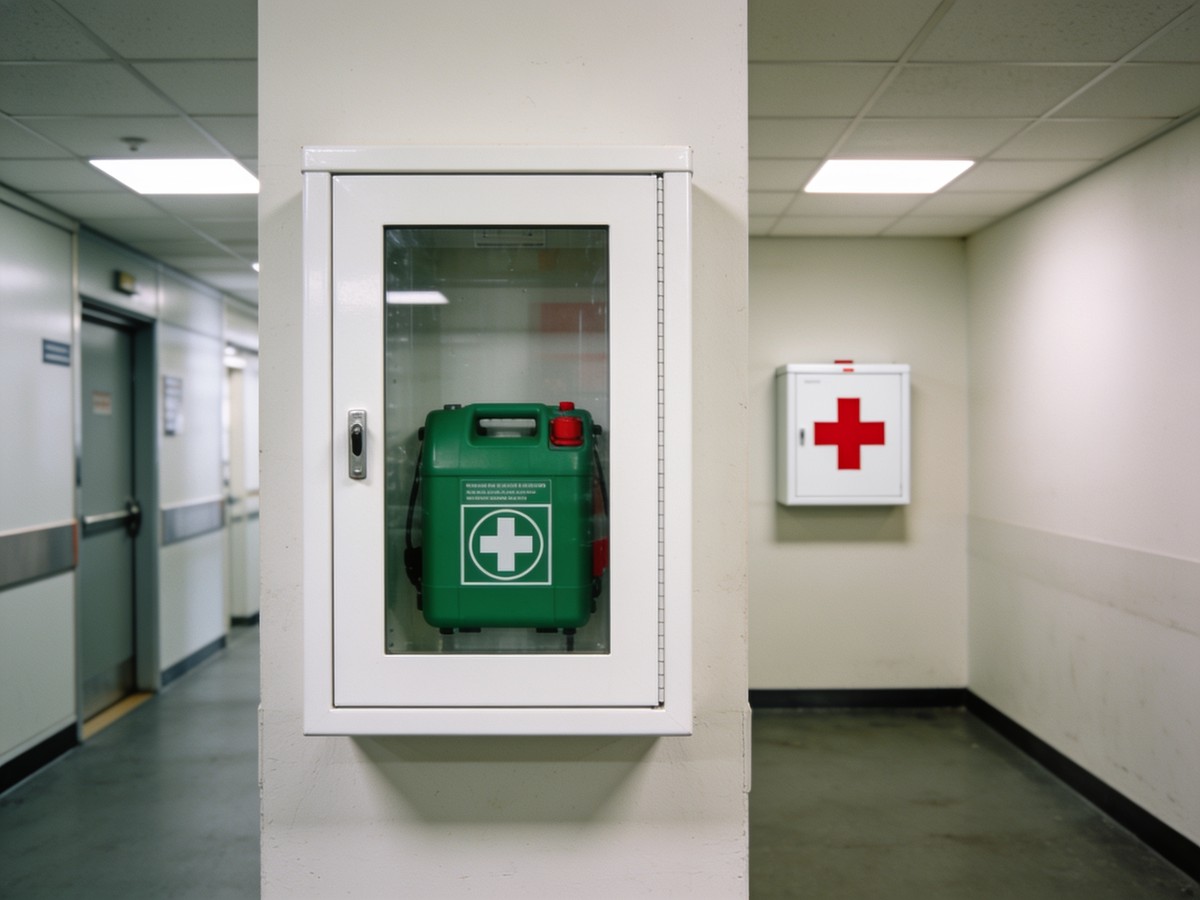 Defibrillatore installato in azienda accanto alla cassetta di primo soccorso