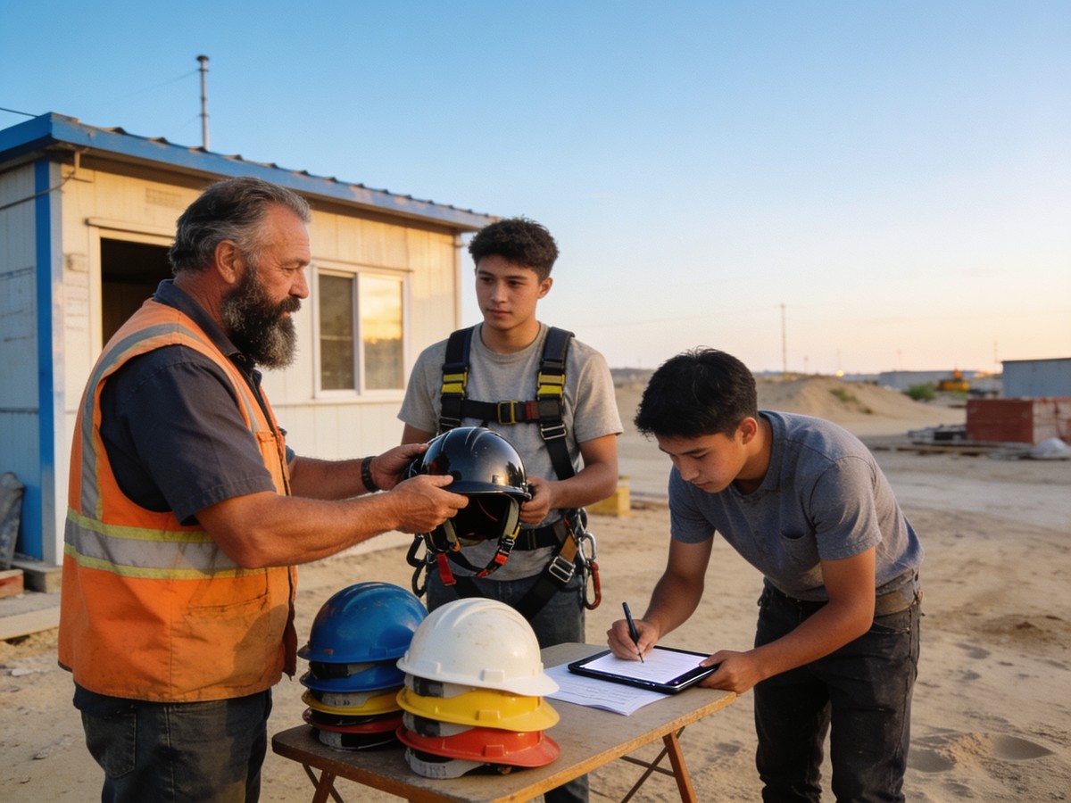 Consegna dei dispositivi di protezione individuale agli operai all'ingresso del cantiere