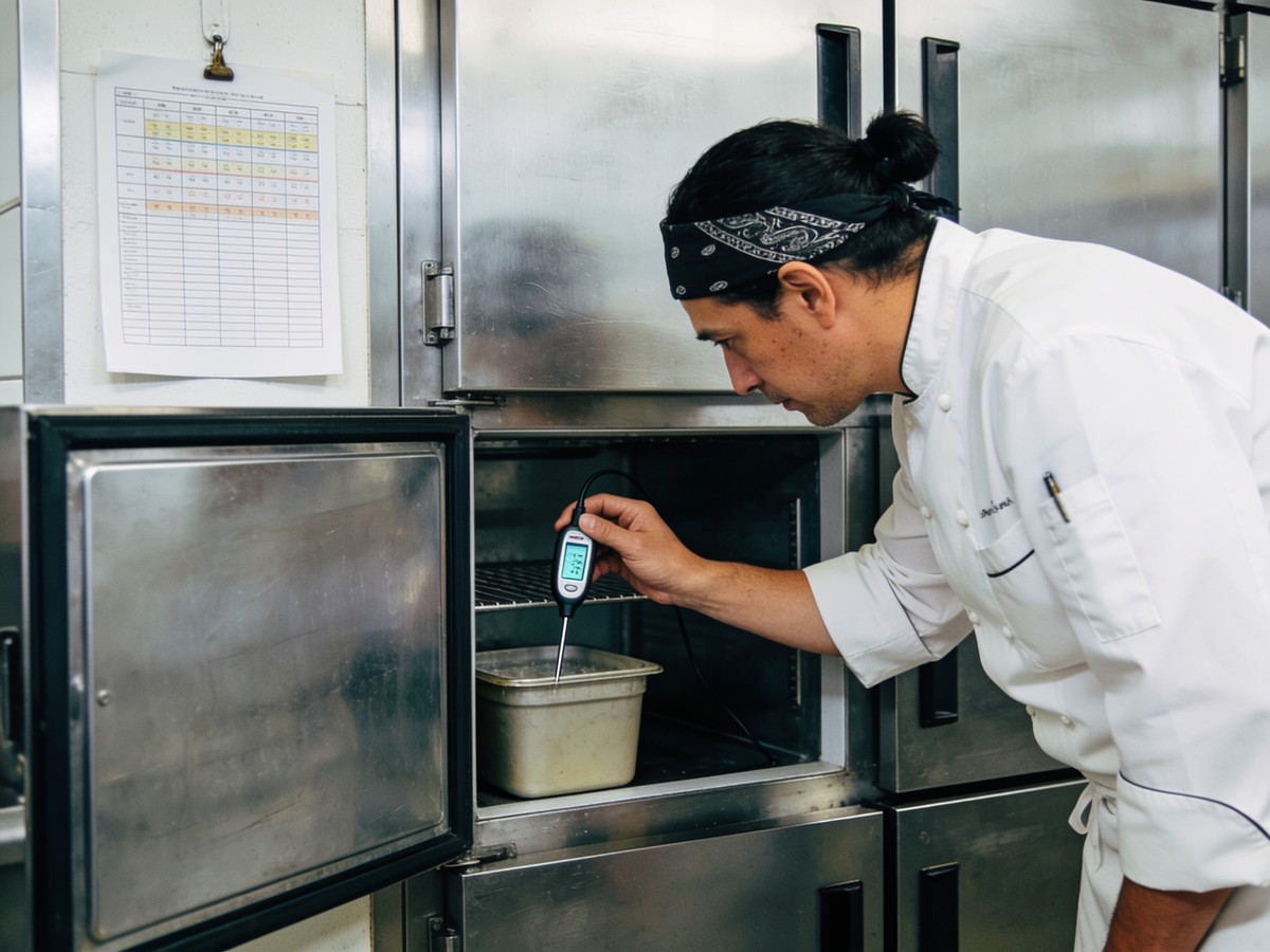 Controllo della temperatura di un frigorifero in una cucina professionale, con registrazione