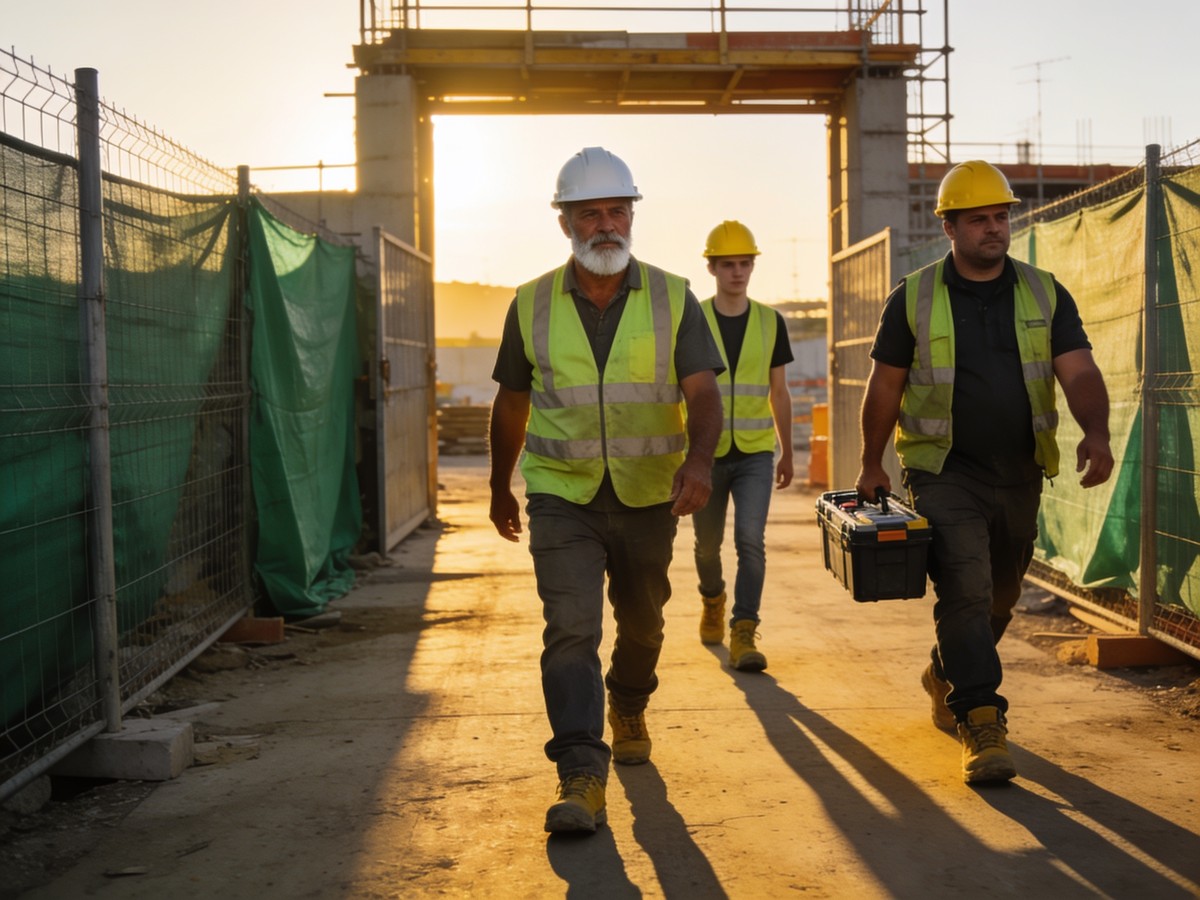Squadra di un'impresa edile che entra in cantiere a inizio giornata con i dispositivi di protezione