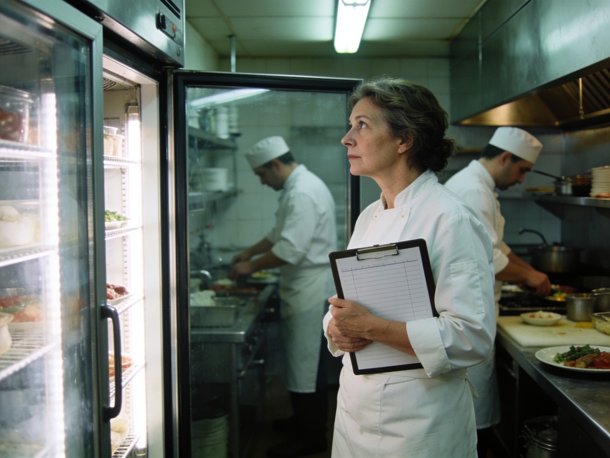 Controllo dell'autorità sanitaria in una cucina professionale, con verifica delle registrazioni