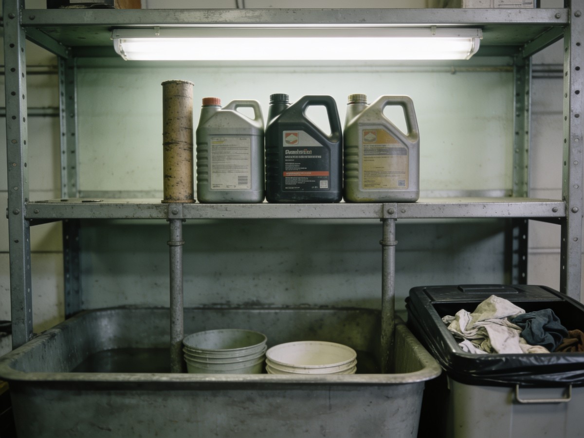 Stoccaggio ordinato di oli, solventi e prodotti chimici nel deposito di un'officina