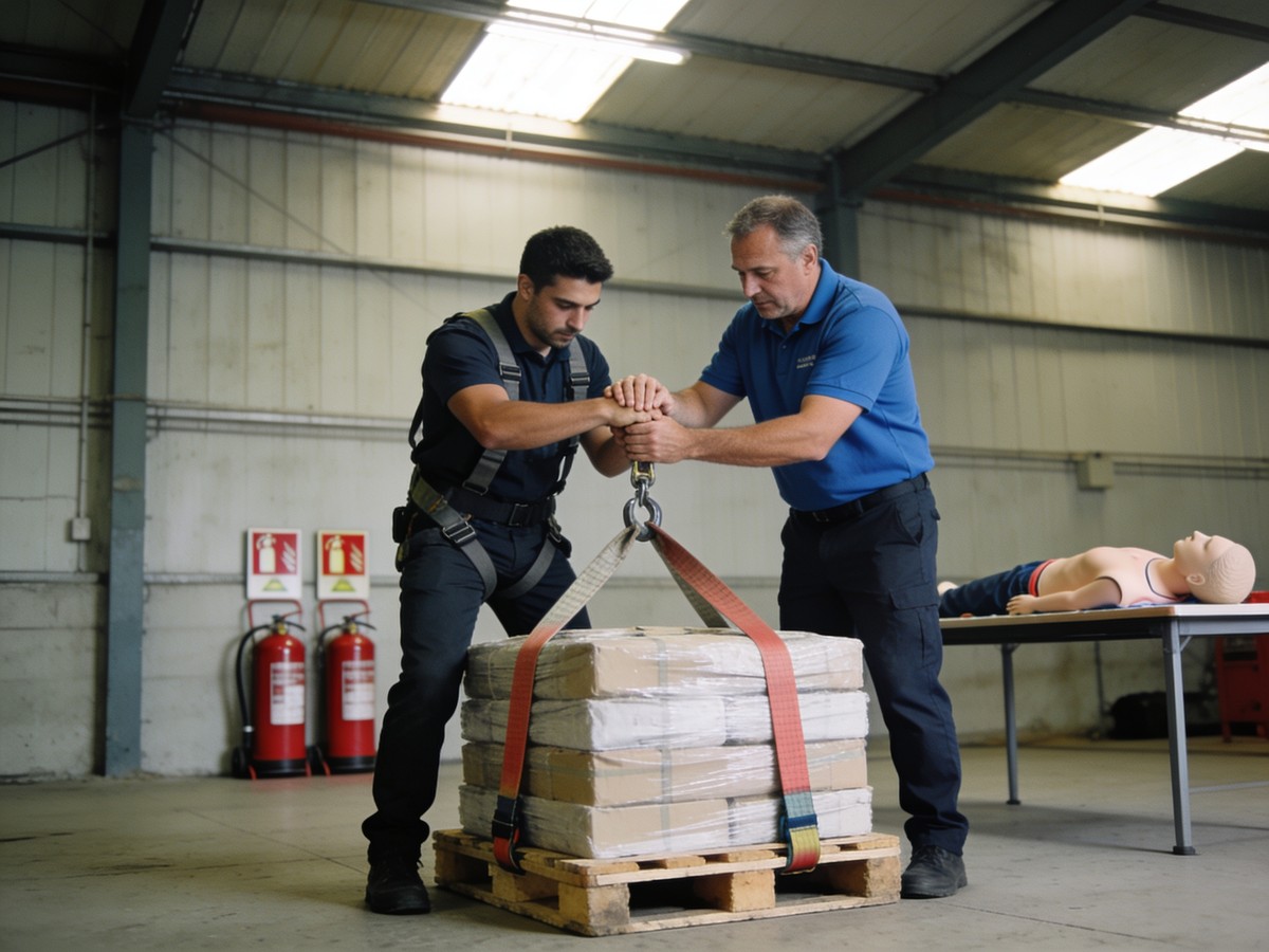 Prova pratica in presenza durante un corso di sicurezza, con istruttore che corregge il gesto