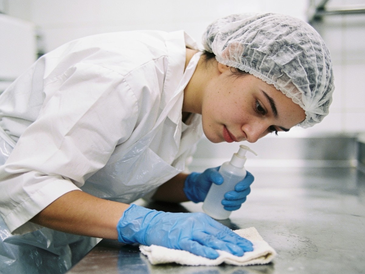 Sanificazione delle superfici di lavoro in un laboratorio alimentare secondo il piano di pulizia