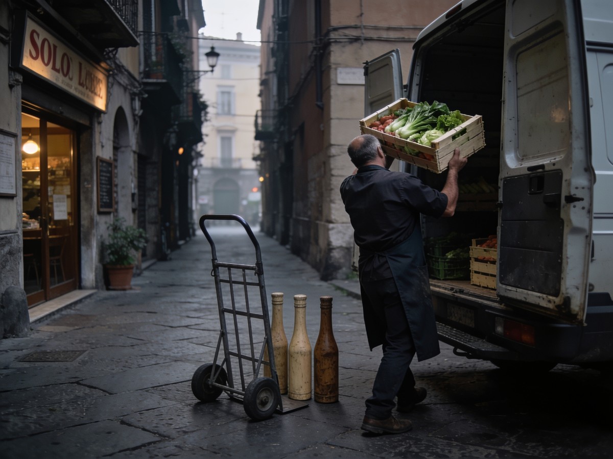 Scarico delle merci sul retro di un ristorante, con movimentazione manuale dei carichi