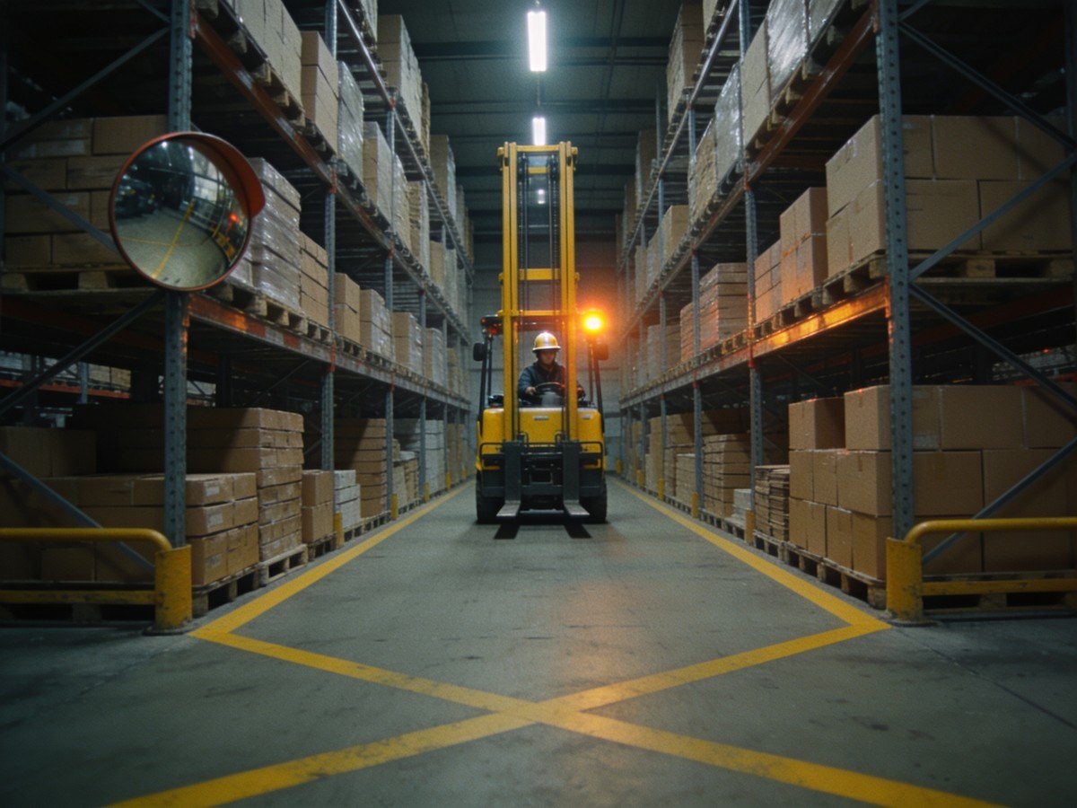 Magazzino logistico con carrelli elevatori e percorsi separati per persone e mezzi